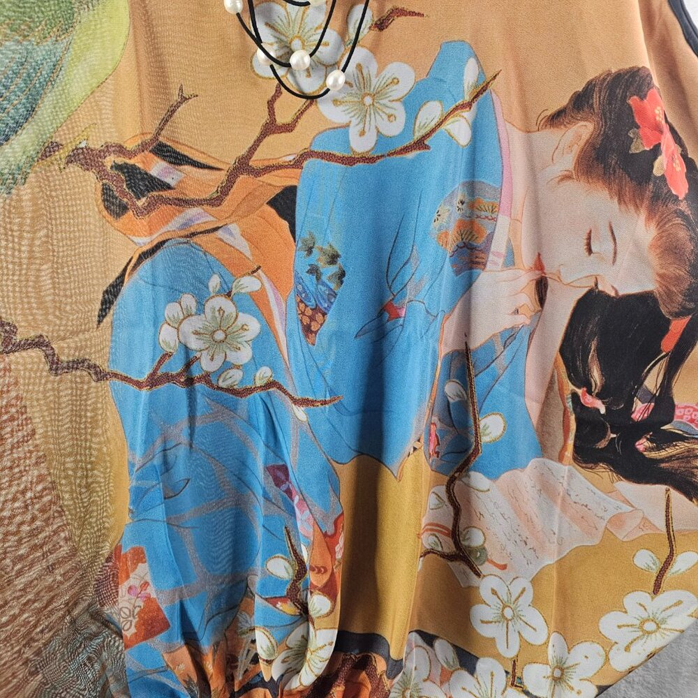KU2 Kokomo Unlimited Blouse and Necklace Women Size L Silk Blossom Open Shoulder - Picture 2 of 13